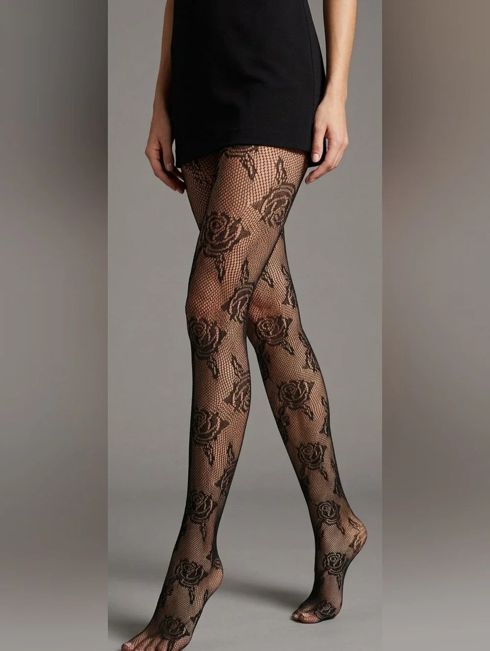 NWT Marilyn Monroe Openwork Tights Black Floral Rose Lace Mesh - Queen Size